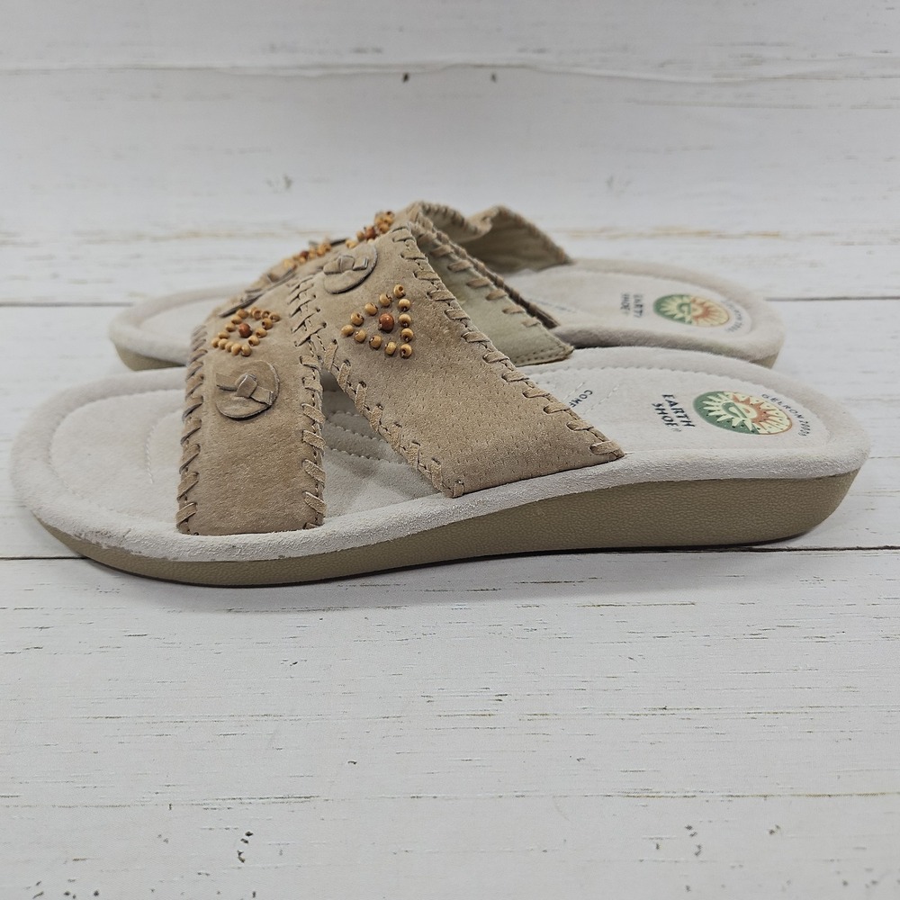 Earth Shoe Conway Slide Sandals Womens 10.5 Tan Suede Beaded Whipstitch Boho - Picture 4 of 11